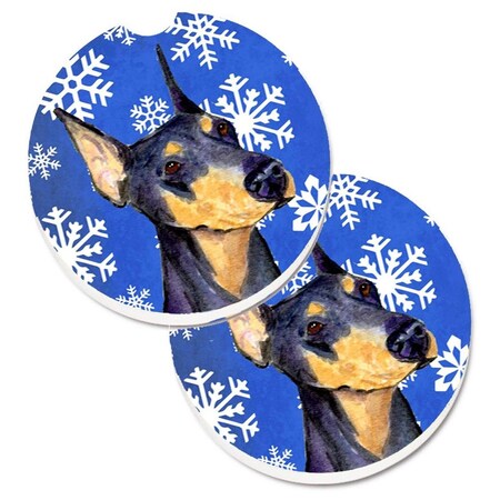 Carolines Treasures Doberman Winter Snowflakes Holiday  Cup Holder Car Coaster, PK2 SS4633CARC